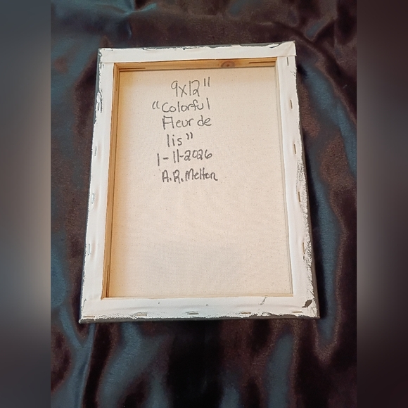 Handpainted Colorful Fluer De Lis Acrylic Painting On Canvas Signed Art 9x12" - Picture 2 of 2